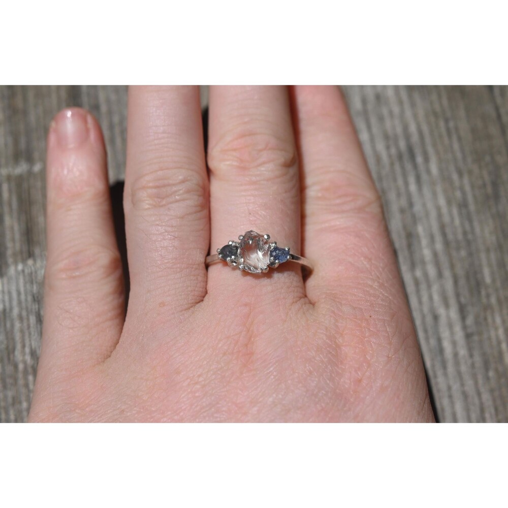 Engagement ring Montana sapphire and Lake County diamond  sterling silver size 3